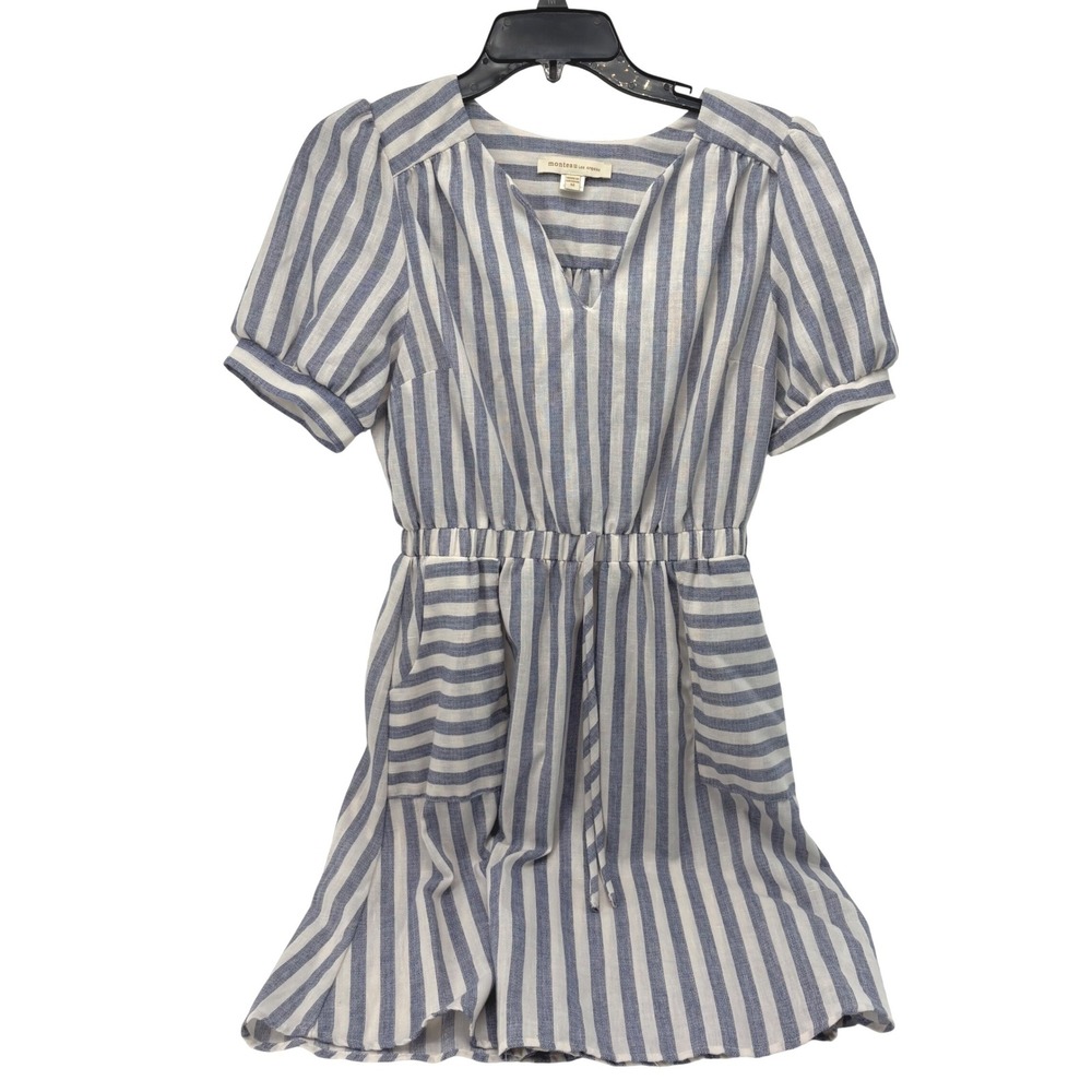 Monteau Los Angeles Blue White Striped Puff Sleeve Mini Dress Pockets Medium